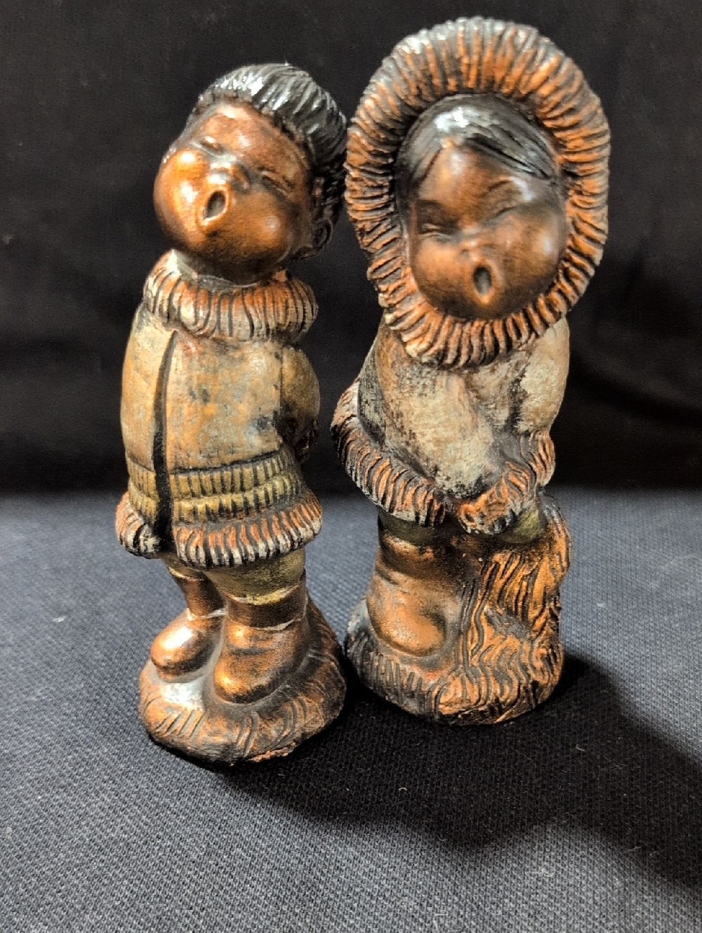 Vintage Carved Inuit-Style Singing Children Figurines in Brown and Black